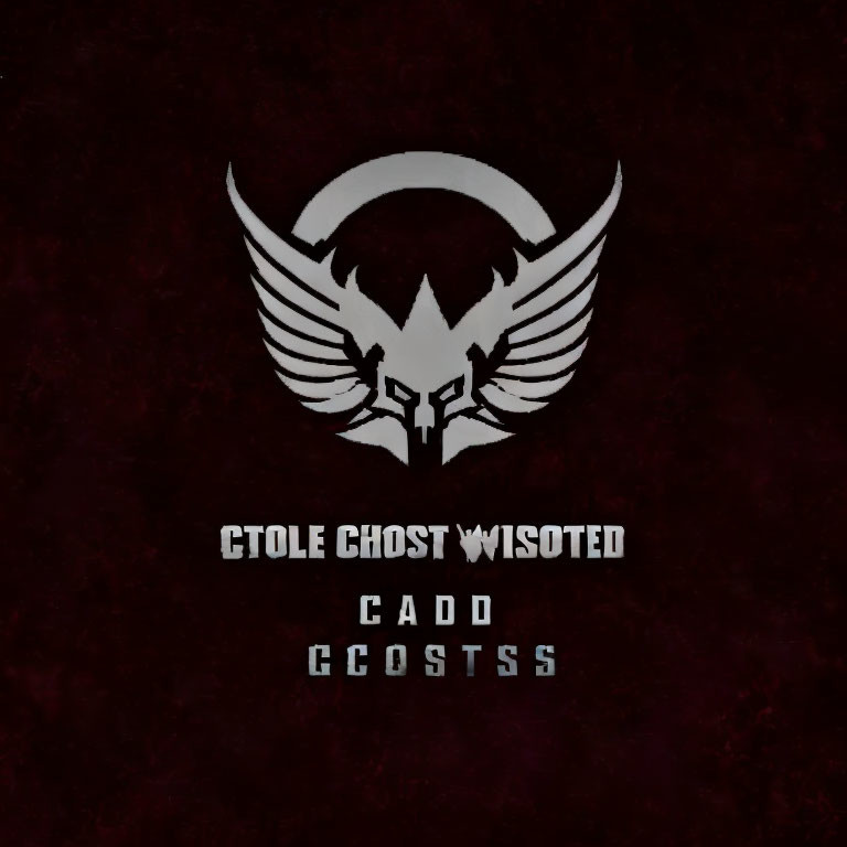 Dark emblem with stylized wings and skull on maroon background and enigmatic text