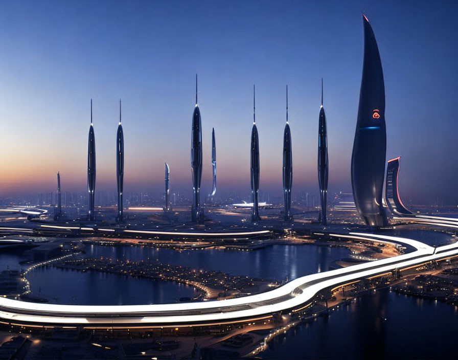 Futuristic cityscape: illuminated skyscrapers & winding river at dusk