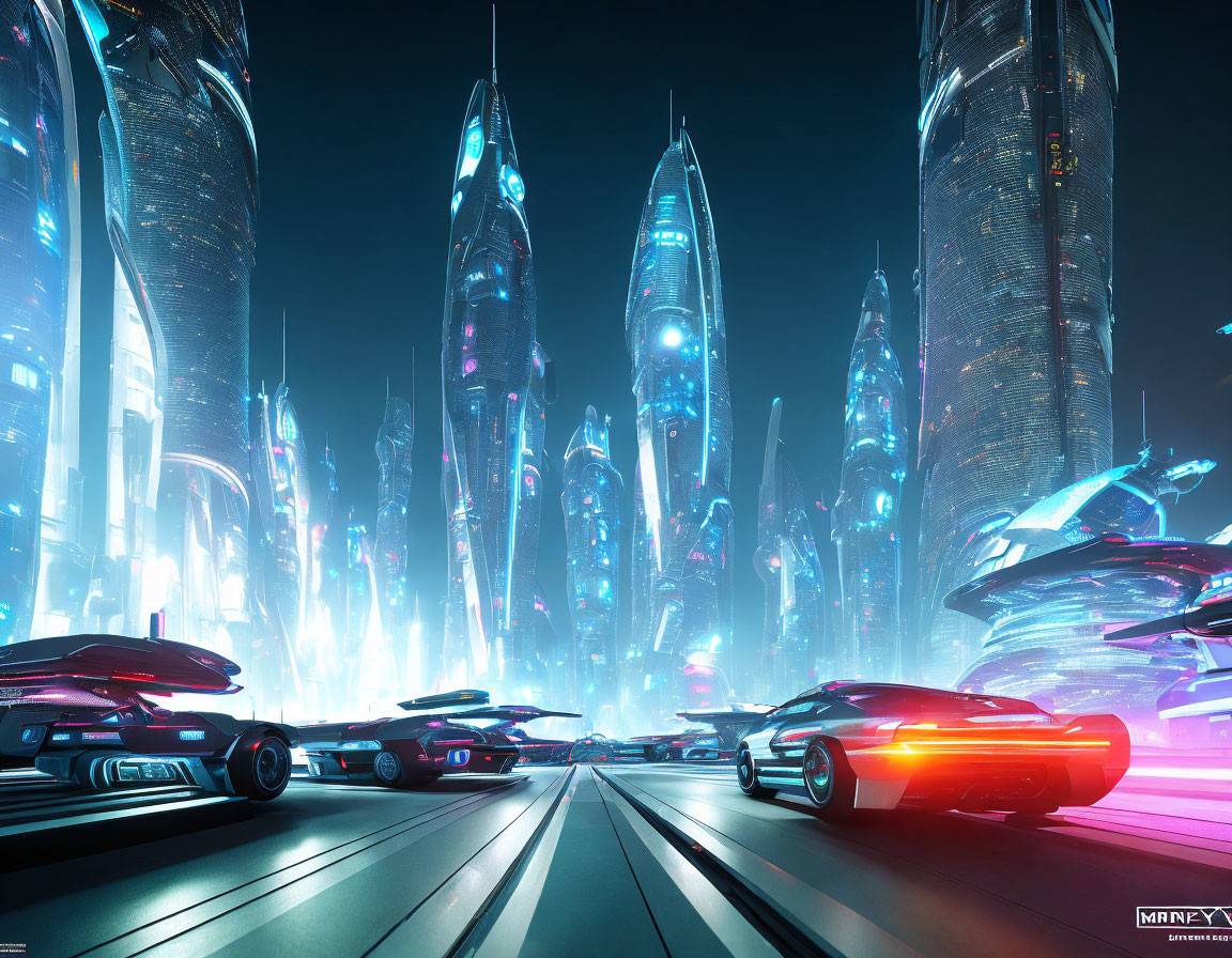 Nighttime futuristic cityscape with neon lights, skyscrapers, and hovering cars