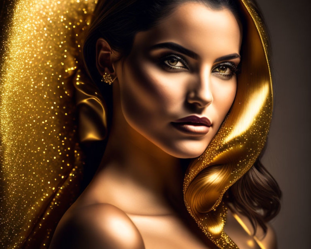 Portrait of woman with glowing skin and golden background