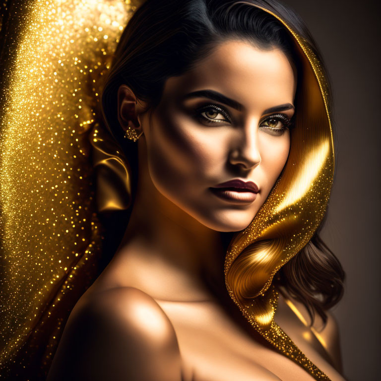 Portrait of woman with glowing skin and golden background