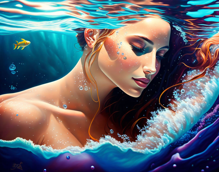 Digital Art: Woman Submerged in Water with Flowing Hair, Bubbles, and Fish