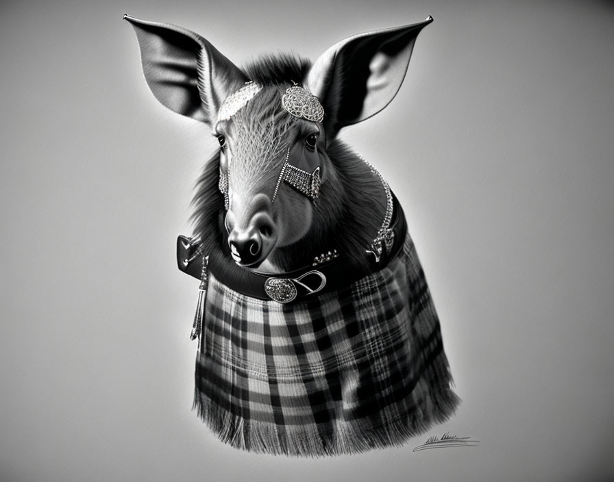 Illustration of pig with human-like features in tartan kilt and jewelry