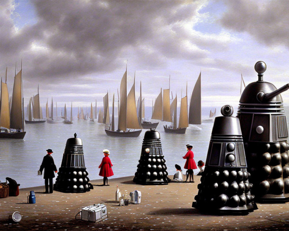 Surreal Victorian quayside with Daleks and sailboats