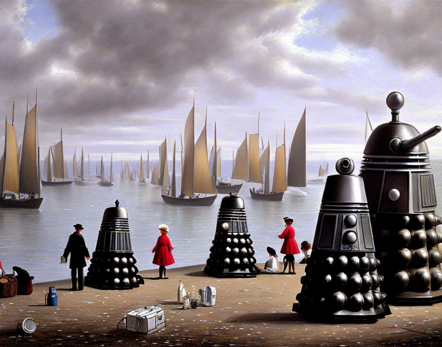 Surreal Victorian quayside with Daleks and sailboats