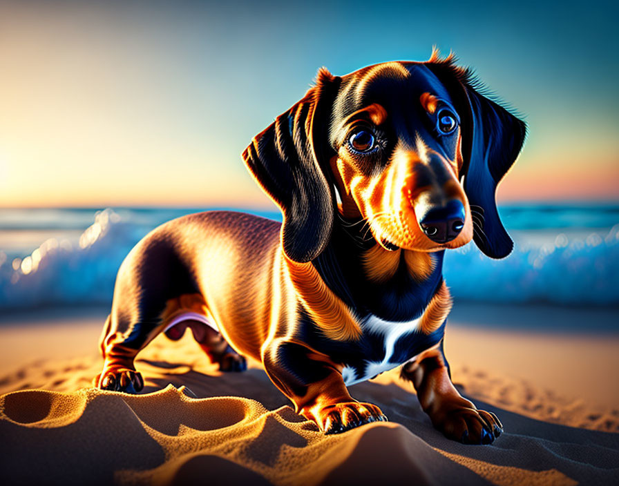 Dachshund on sandy beach at sunset with golden light