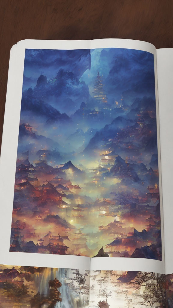 Fantasy Artwork: Ethereal Mountain Landscape with Glowing City