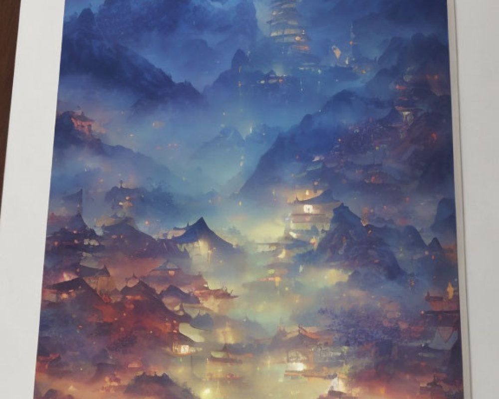 Fantasy Artwork: Ethereal Mountain Landscape with Glowing City