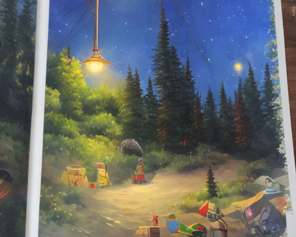 Night scene illustration of tranquil forest with glowing street lamp, picnic setup, and pathway.