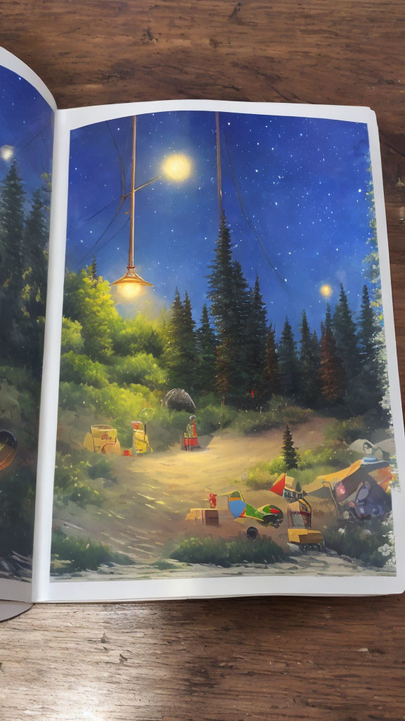 Night scene illustration of tranquil forest with glowing street lamp, picnic setup, and pathway.