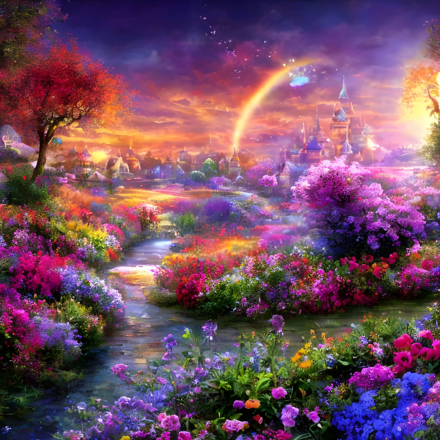 Colorful Fantasy Landscape with Blooming Flowers, River, Rainbow, and Castle