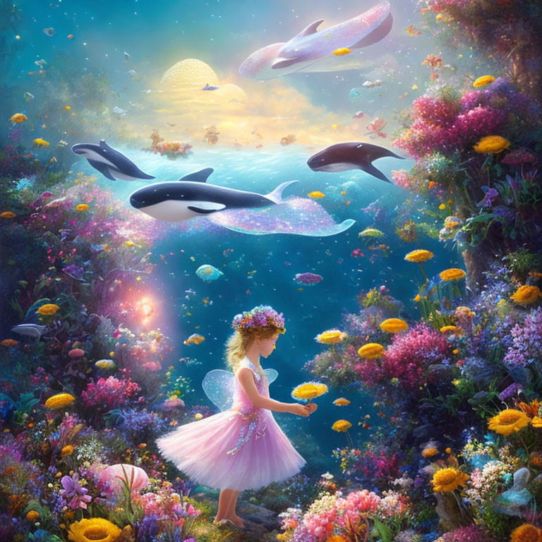 Young girl in pink tutu explores whimsical, flower-filled world with glowing orbs and flying whales.