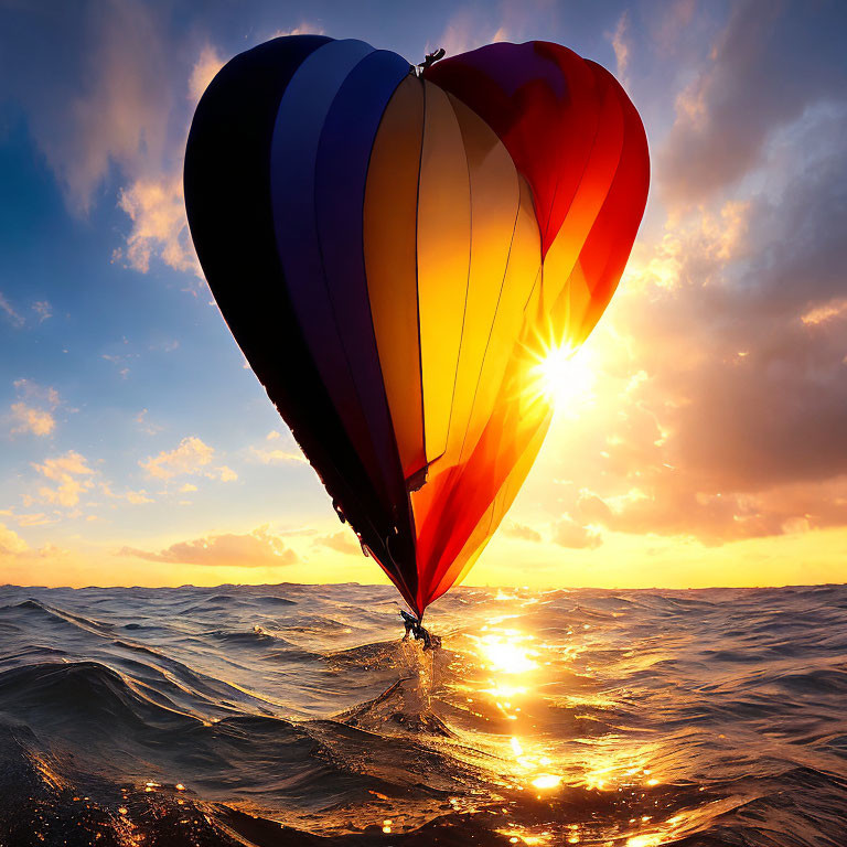 Colorful hot air balloon lands on ocean surface at sunset