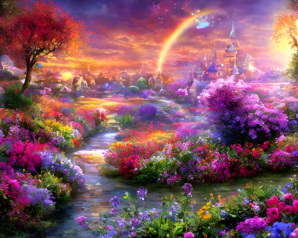 Colorful Fantasy Landscape with Blooming Flowers, River, Rainbow, and Castle