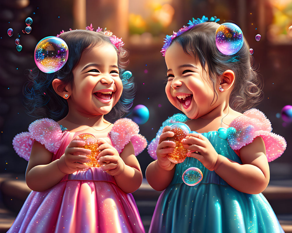 Two girls in sparkly dresses and tiaras playing with bubbles in a magical setting