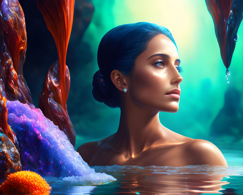 Woman in Water Surrounded by Vibrant Underwater Flora