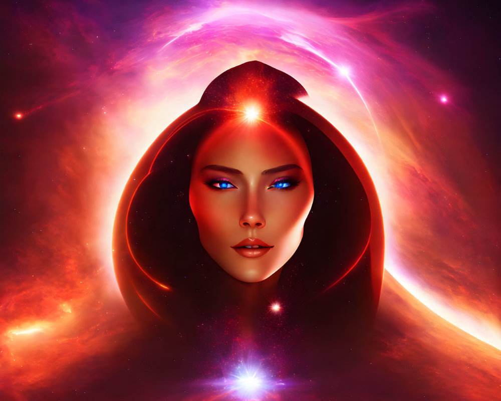 Cosmic digital artwork of a woman's face with nebula and stars