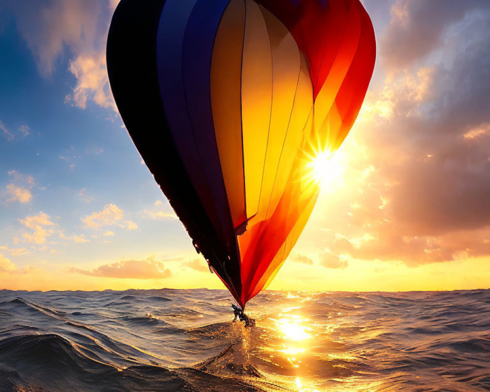 Colorful hot air balloon lands on ocean surface at sunset