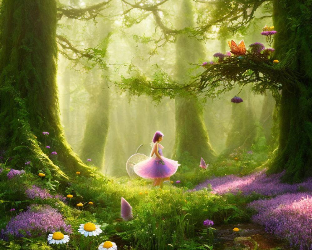 Childlike figure in whimsical forest glade with butterflies & flowers