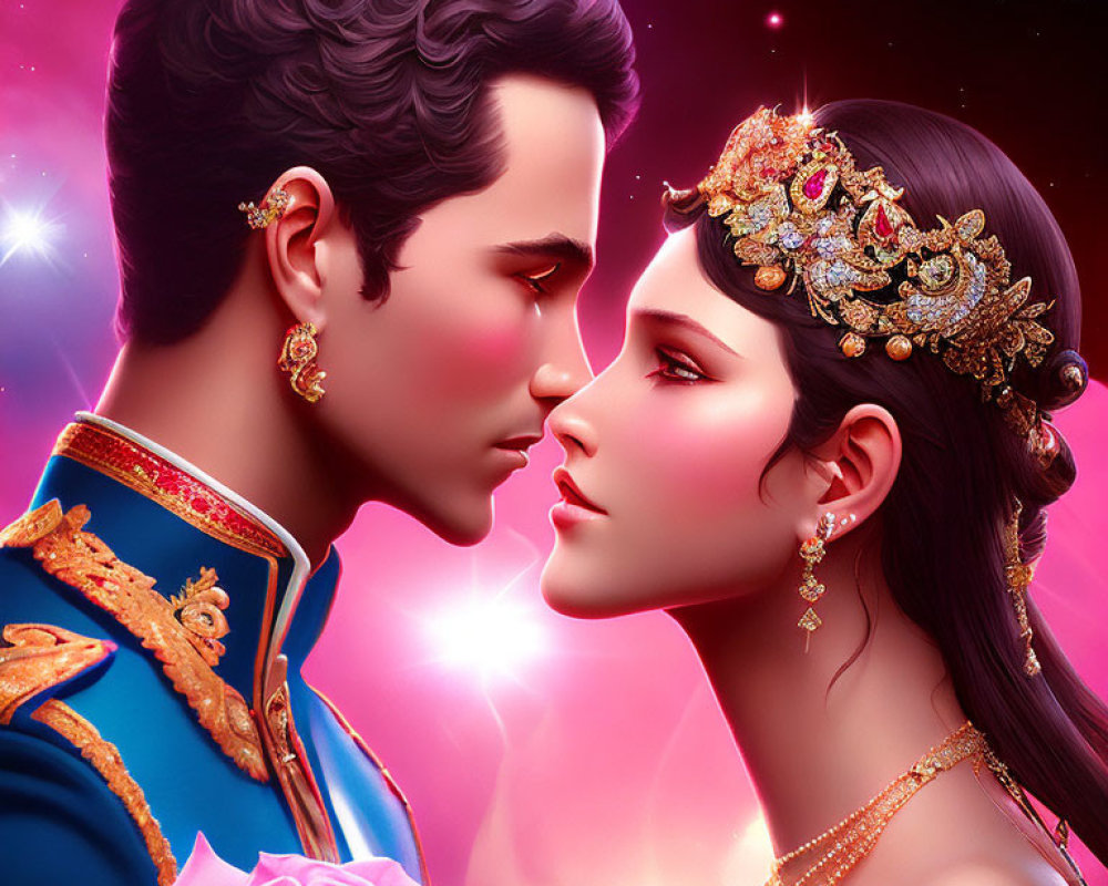 Romantic couple in decorated attire on pink backdrop