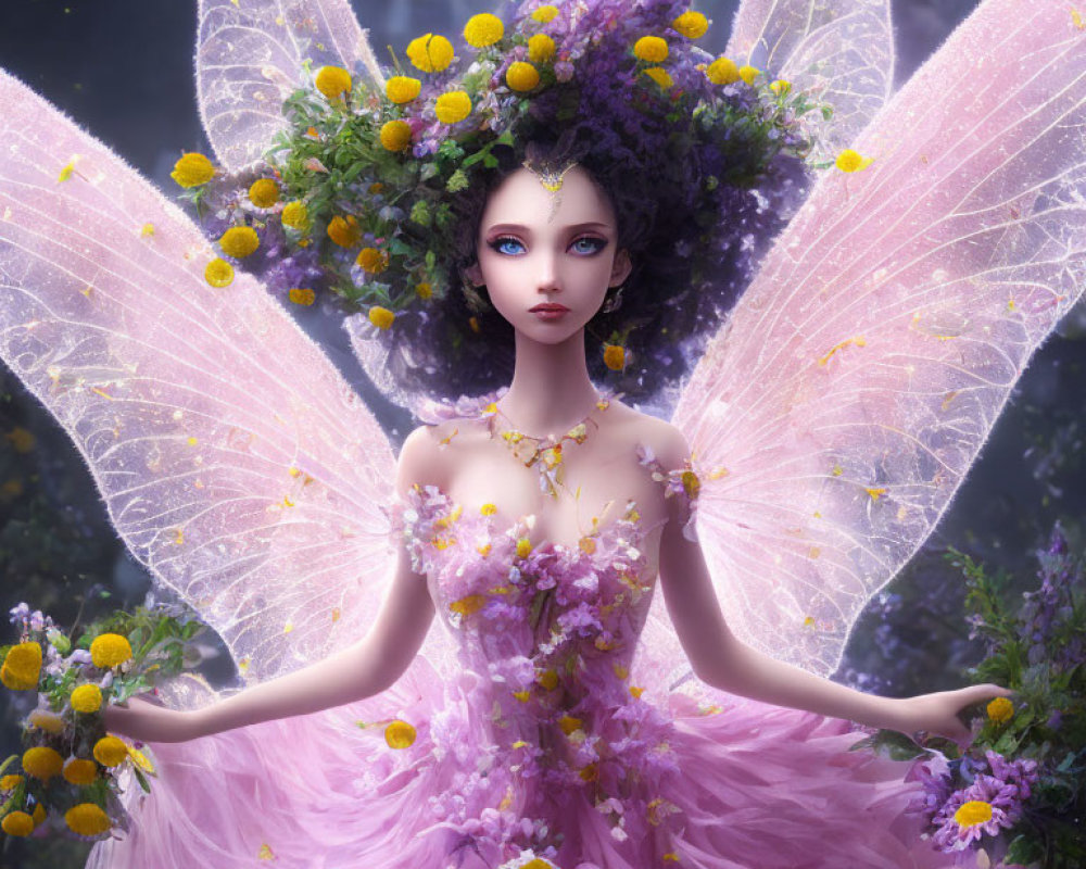 Fantasy illustration of a fairy with pink wings and floral attire