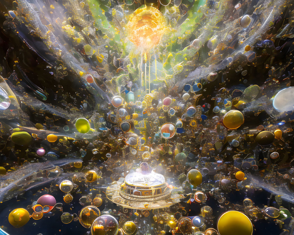 Colorful Planets and Bubbles Surround Bright Sun in Fantastical Space Scene