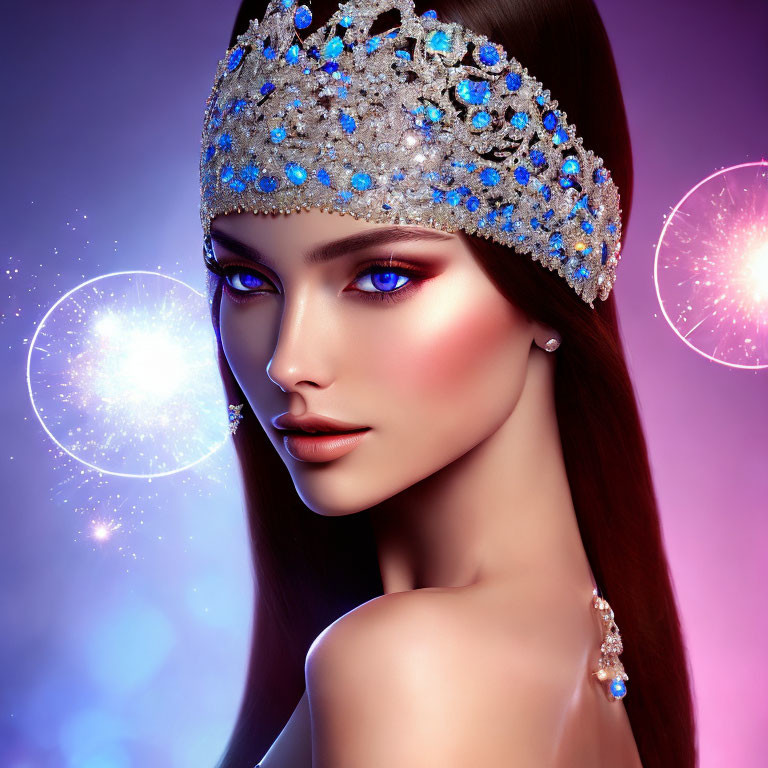 3D illustration of woman with luminous skin and blue eye makeup in sparkling tiara against purple backdrop