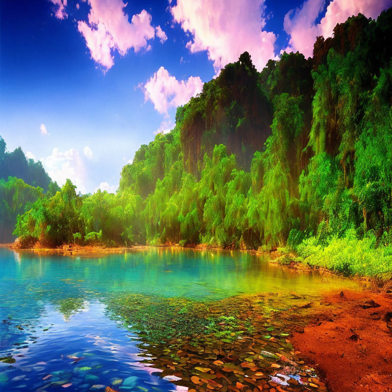 Scenic River Landscape with Blue Water and Colorful Sky