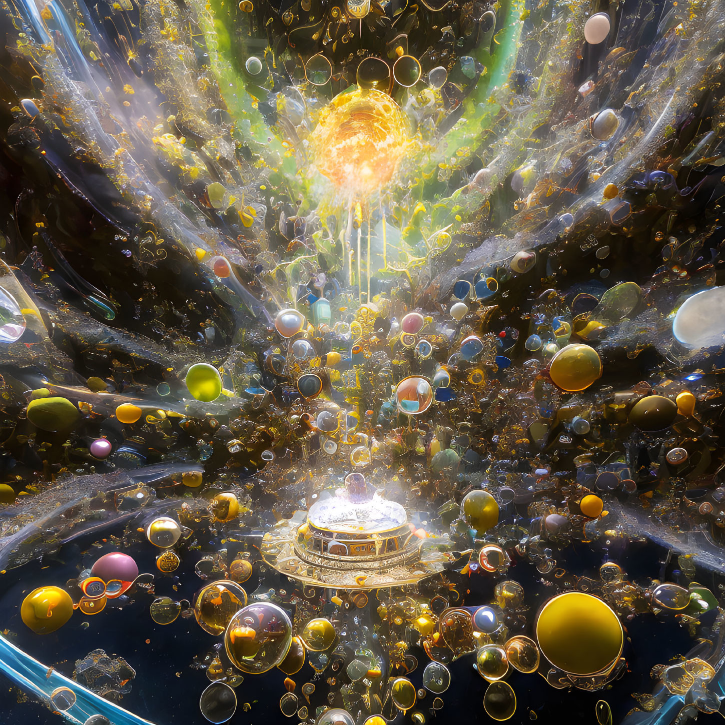 Colorful Planets and Bubbles Surround Bright Sun in Fantastical Space Scene