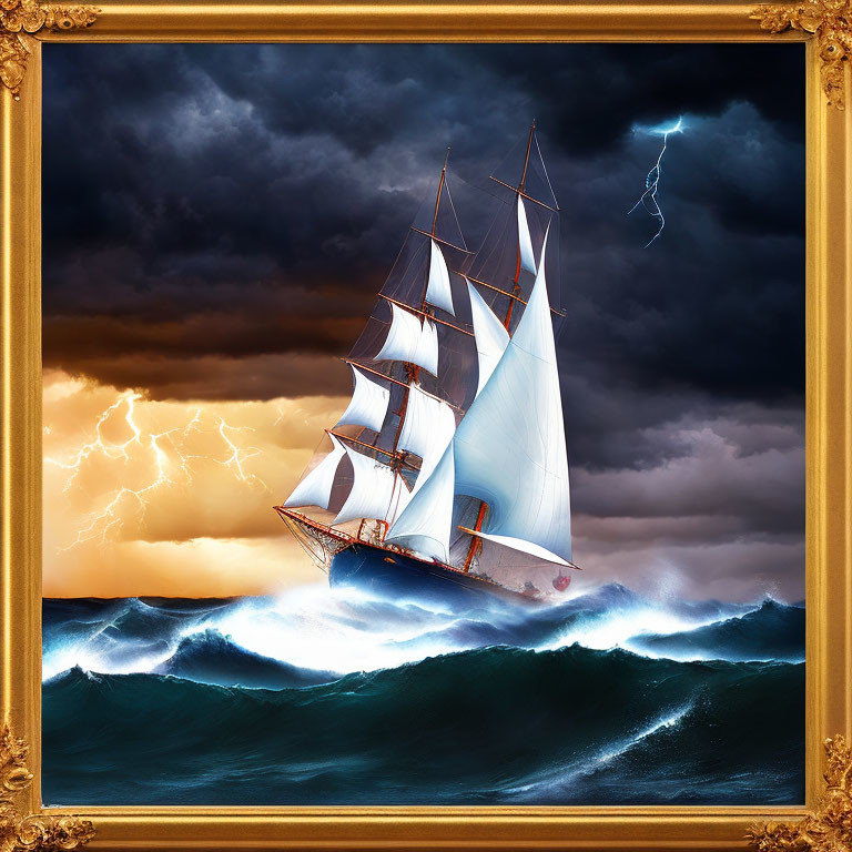 Stormy Seas: Ship with Full Sails in Framed Artwork