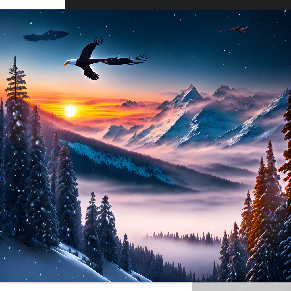 Majestic eagle soaring over snowy mountain landscape at sunset