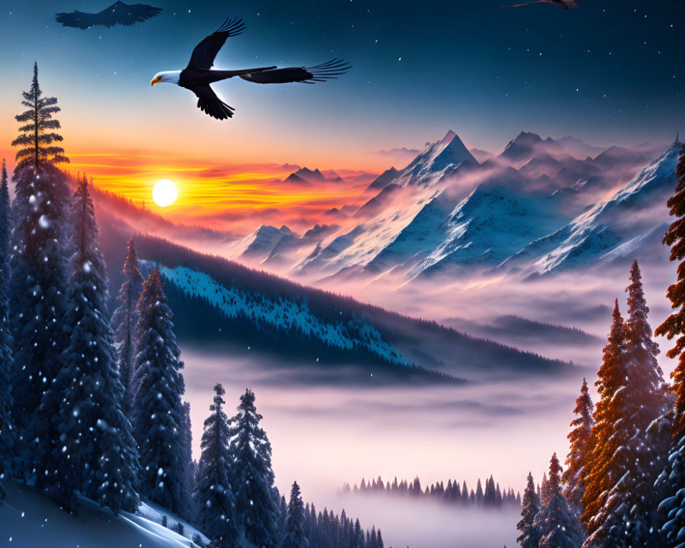 Majestic eagle soaring over snowy mountain landscape at sunset