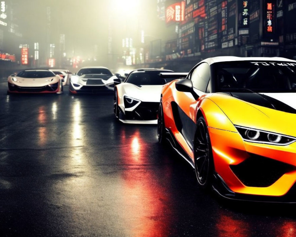 Luxury sports cars under neon city lights at night