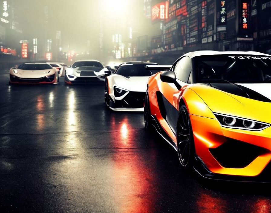 Luxury sports cars under neon city lights at night