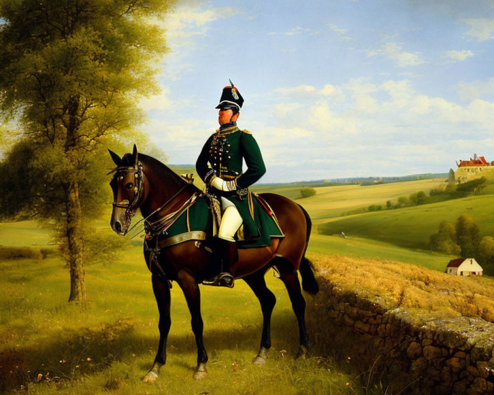 Military person on horse in rural landscape with trees and buildings under blue sky