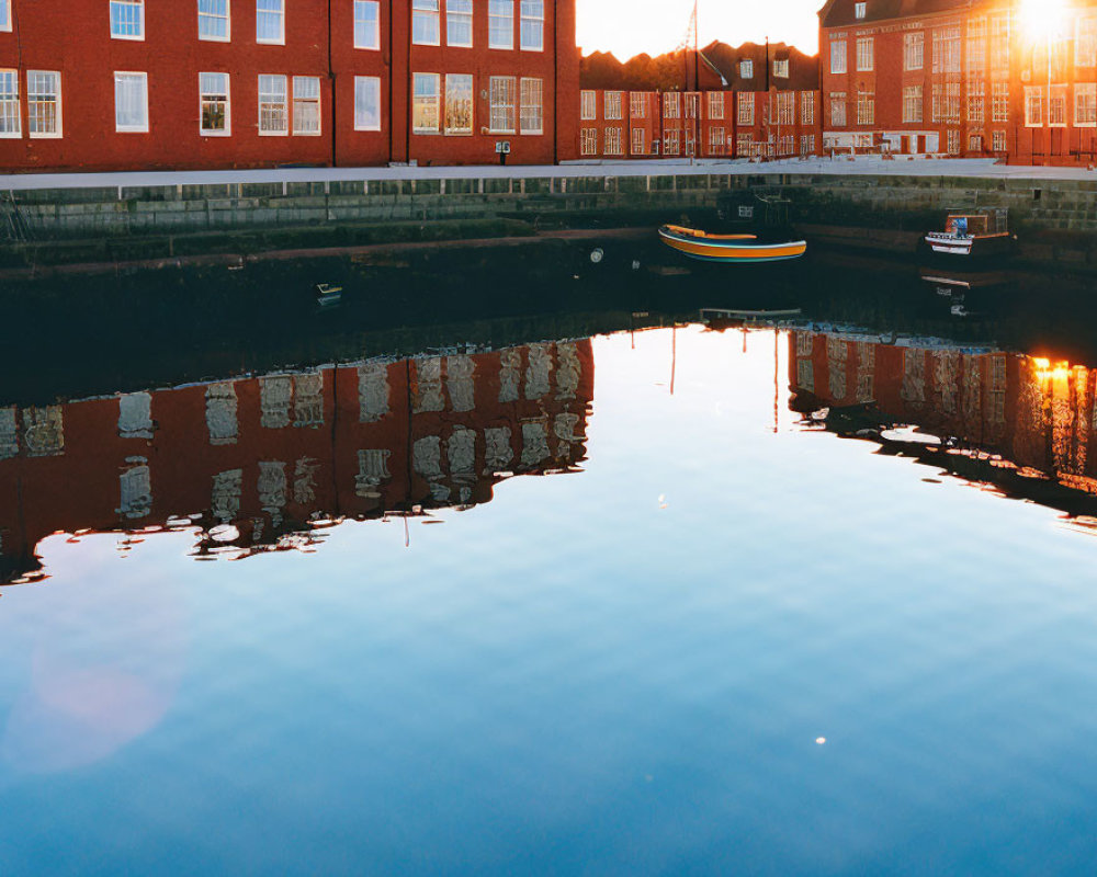 Tranquil water canal with red brick buildings, colorful boat, and dusk sky