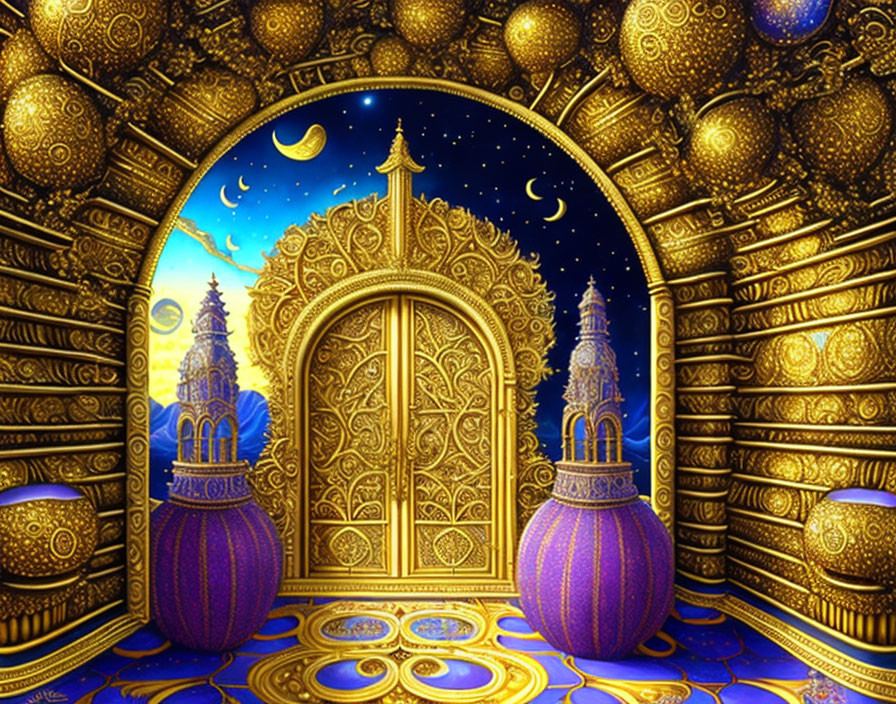 Golden ornate door with intricate patterns under night sky and towers