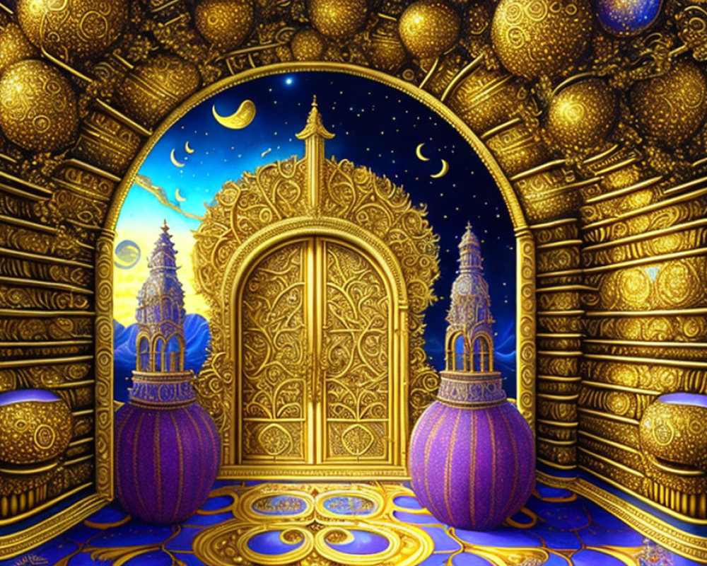 Golden ornate door with intricate patterns under night sky and towers