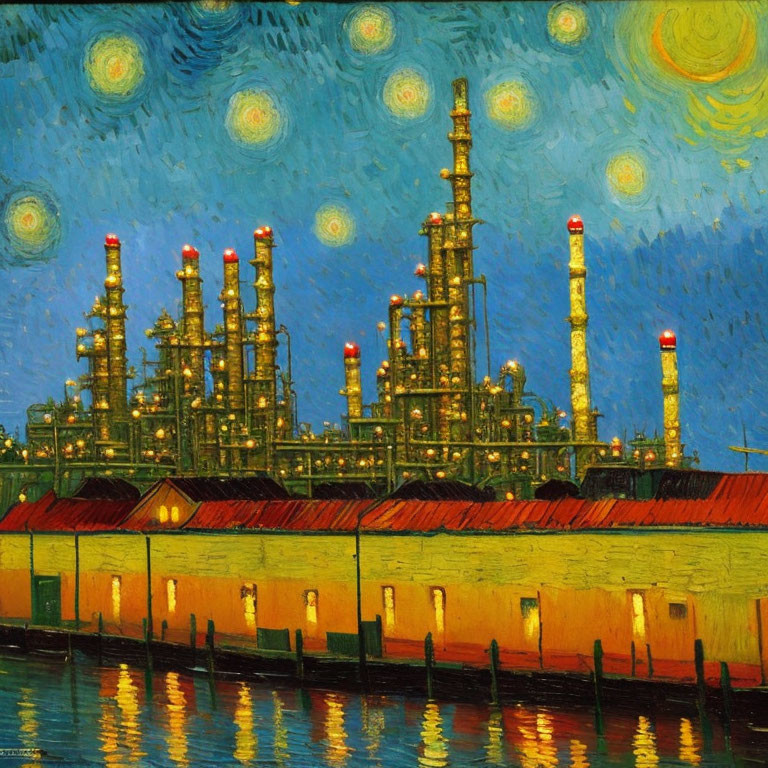 Industrial refinery painting with tall smokestacks and complex structures under starry night sky reflected in water