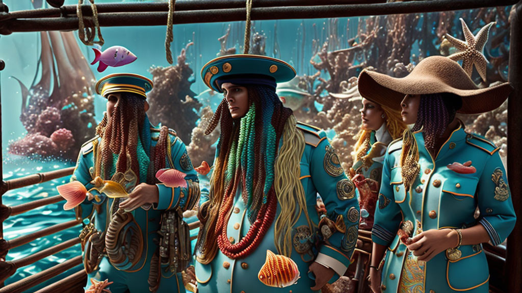 Four women in ornate naval uniforms on ship with marine life-themed accessories in surreal underwater backdrop.