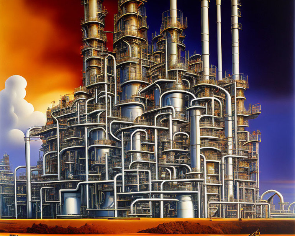 Industrial complex with towering pipes and structures under an orange sky near a body of liquid.