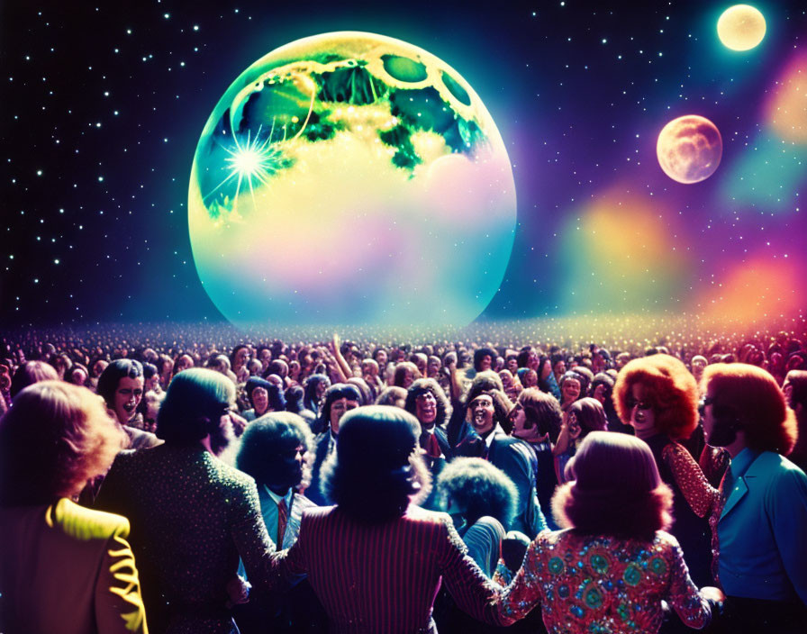 Colorful retro crowd admires cosmic planets in starry sky