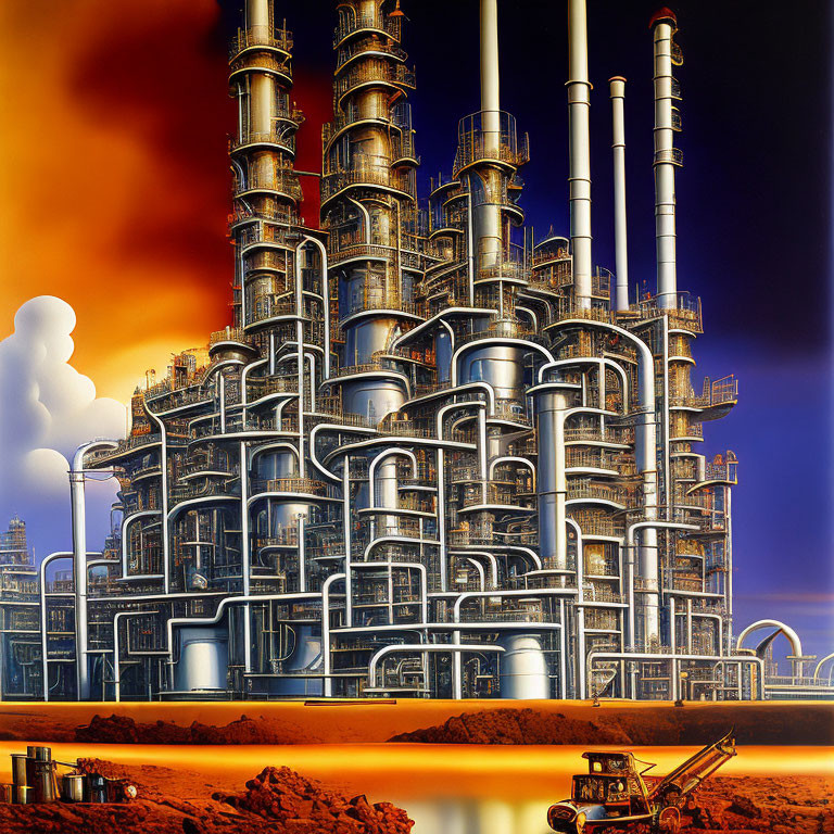 Industrial complex with towering pipes and structures under an orange sky near a body of liquid.