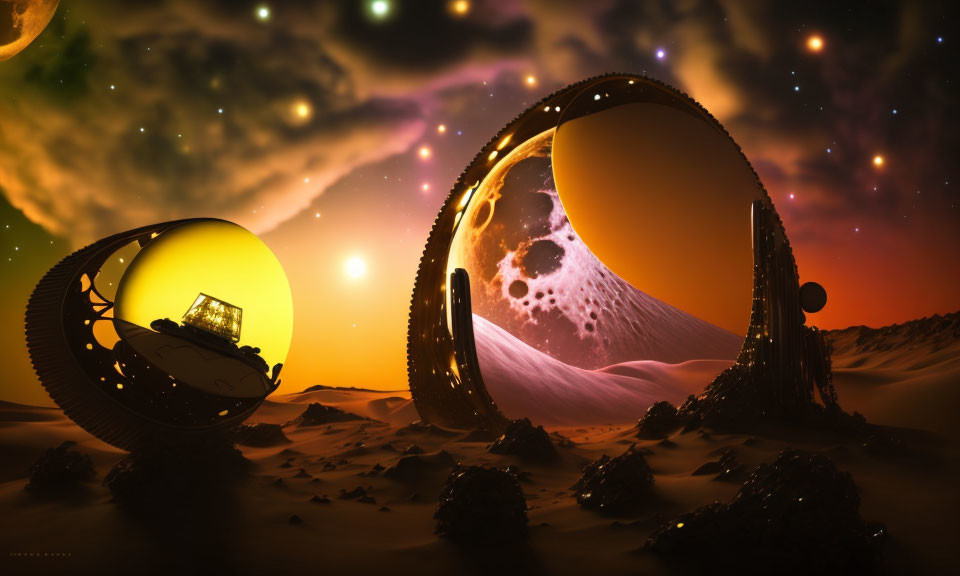 Surreal sci-fi landscape with giant rings, moon, stars, and sandy terrain