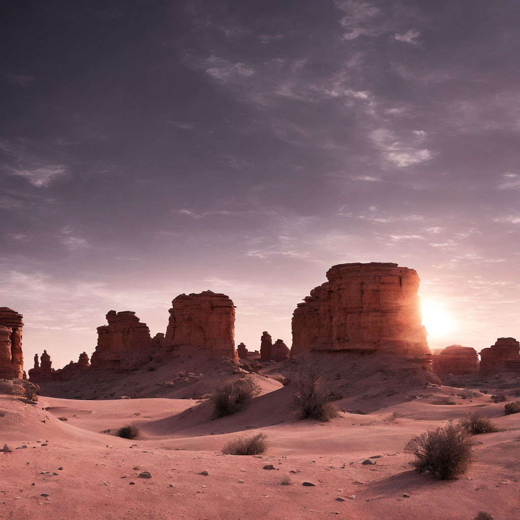 Sunset desert landscape with towering rock formations and pink sky