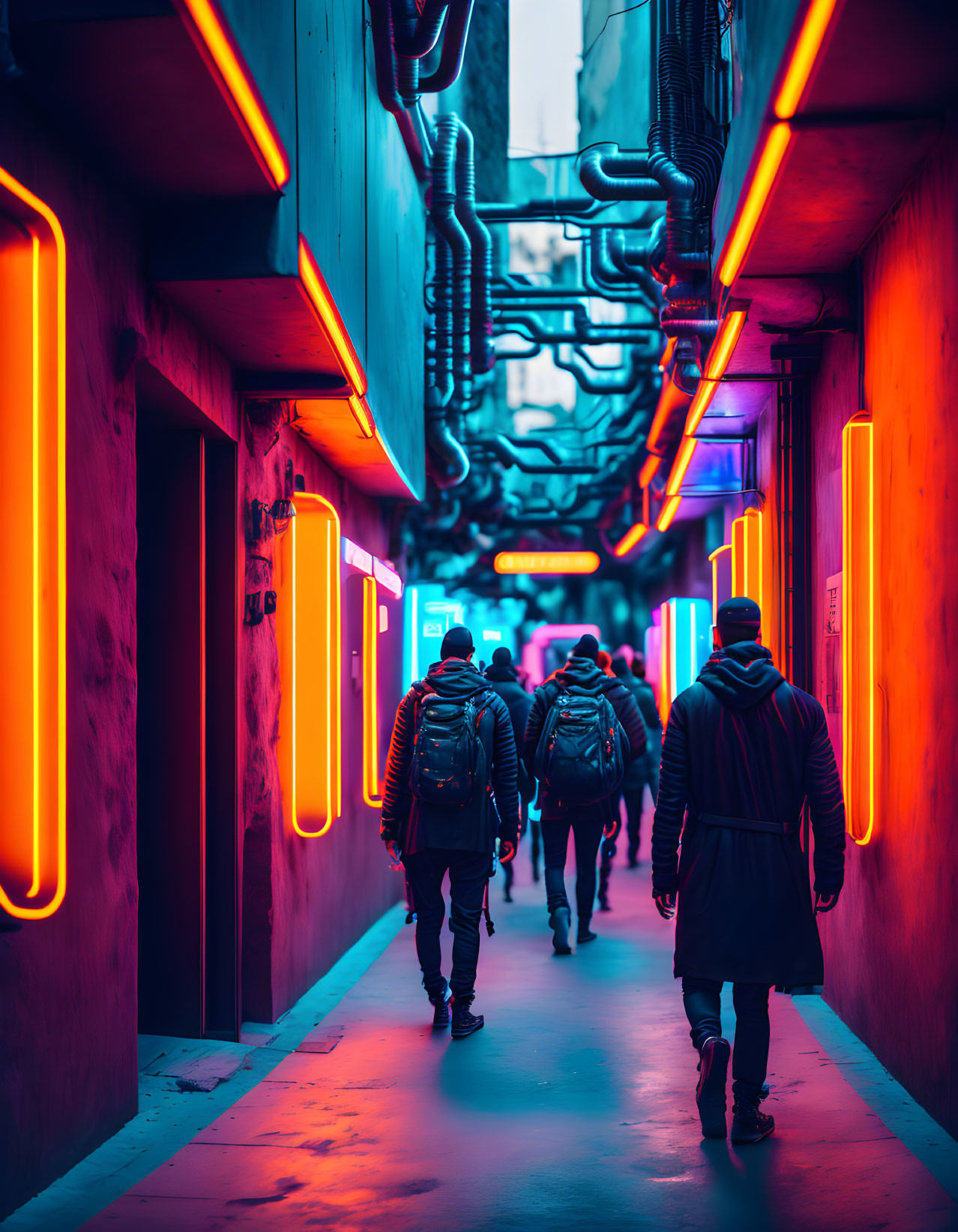 Urban alley illuminated by vibrant neon lights