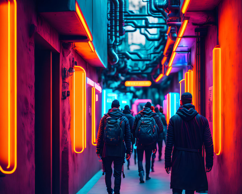 Urban alley illuminated by vibrant neon lights