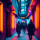 Urban alley illuminated by vibrant neon lights