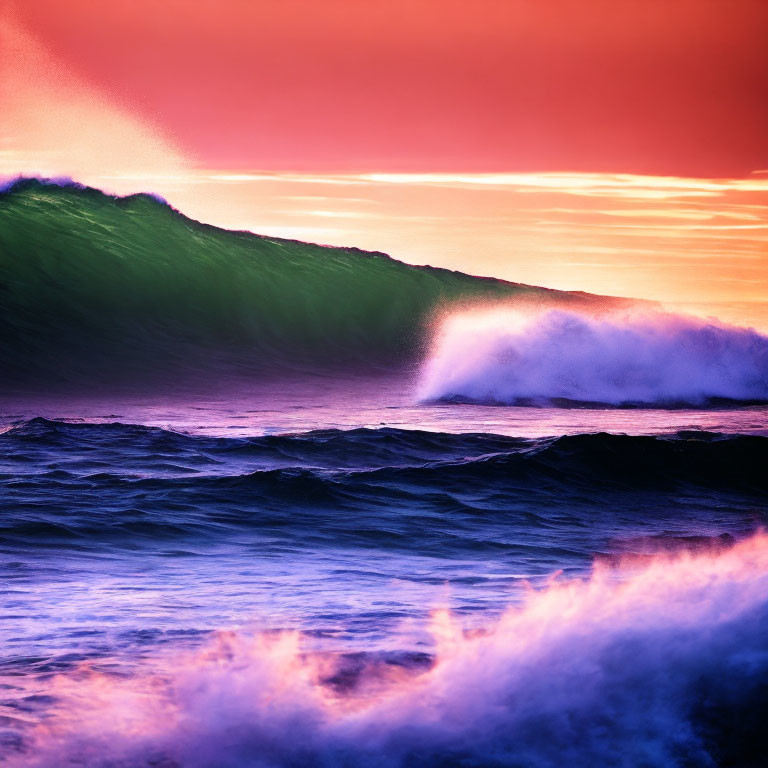 Colorful Sunset Over Ocean with Silhouetted Wave