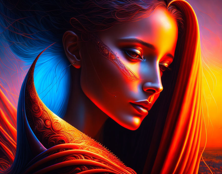 Digital art portrait: Woman with glowing orange-red hair, blue skin, intricate face markings, warm abstract